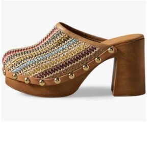 YDN Multi Platform Slip On Clogs Mules Cork High Heel Round Toe Rivet Sandals